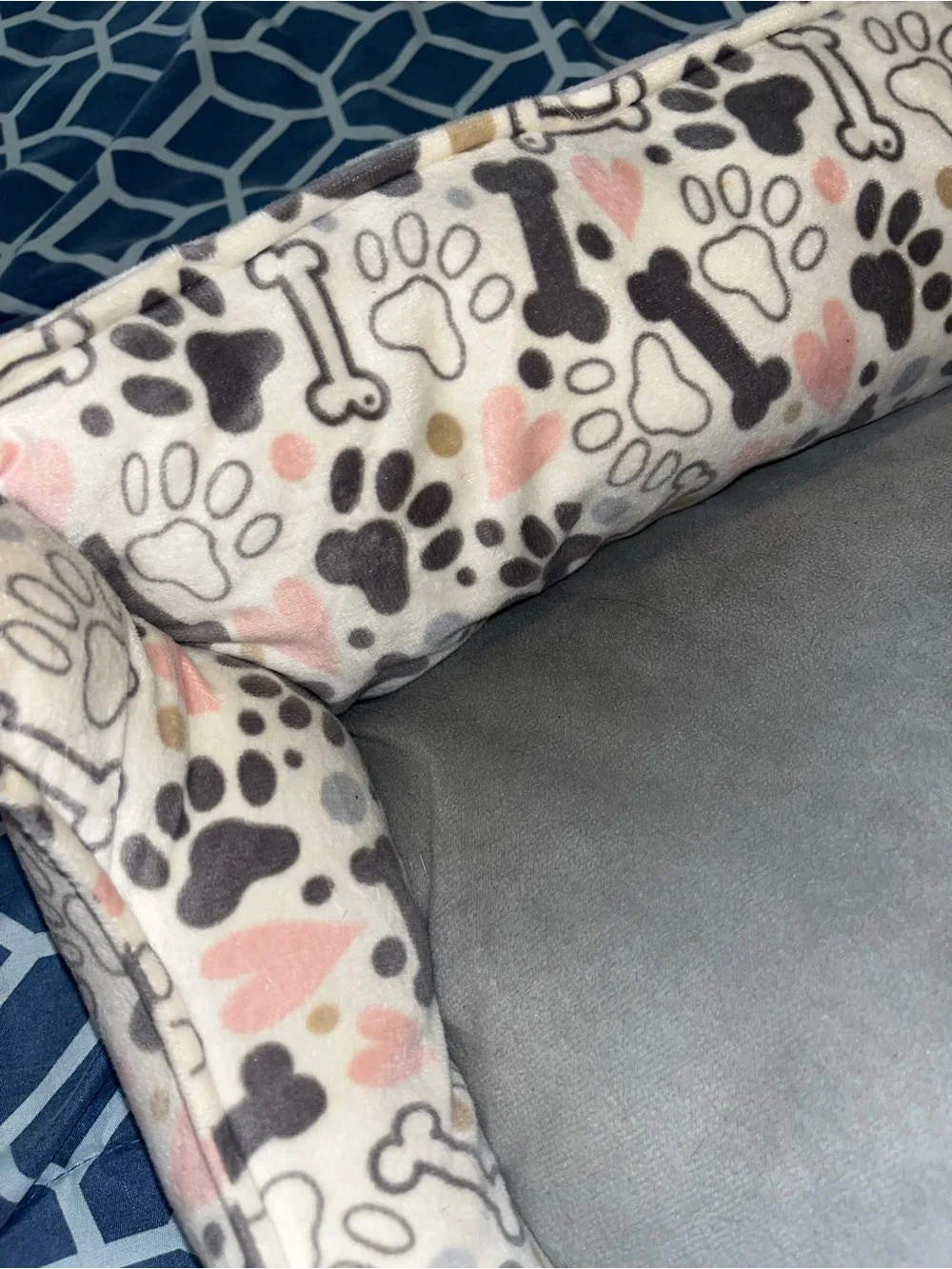 Plush Dog Bed in Gray and Pink Paw Print